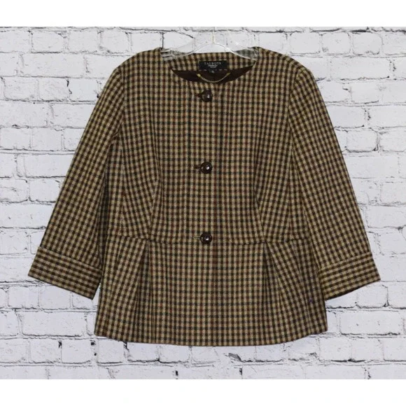 TALBOTS Designer Peplum Houndstooth Plaid Equestrian Style Blazer Jacket 12P - Picture 2 of 7
